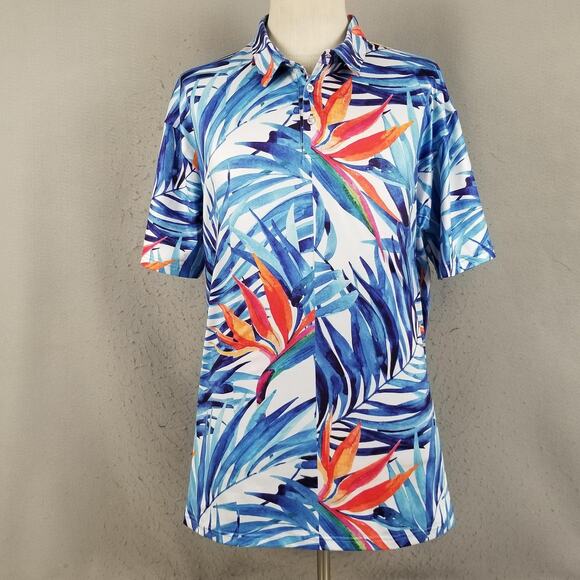 Handsome Bogey Polo Shirt Mens XL Blue Tropical Hawaiian Golf Bird of Paradise - Picture 1 of 14